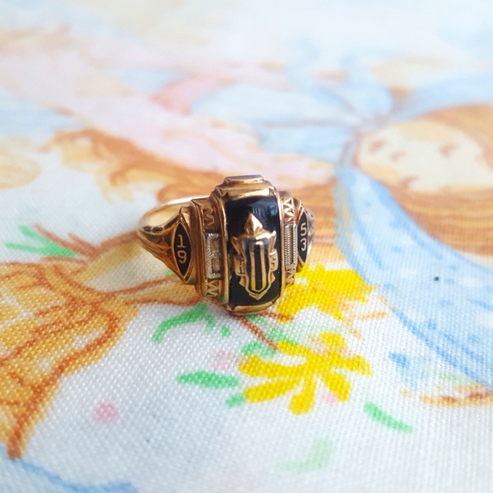 🌙Vintage 10K Yellow Gold 1953 Jostens High School Class Ring 4g Onyx Enamel